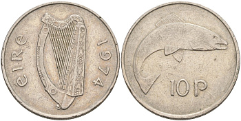 Ирландия 10 пенсов 1974 лосось KM 23 медно-никель 88-733