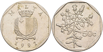 Мальта 50 центов 1991 девясил KM 98 медно-никель 4574-423