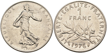 ФРАНЦИЯ 1 ФРАНК 1976 СЕЯТЕЛЬ КМ 925.1, LE FRANC 226.21 никель 4573-227