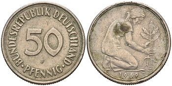 ФРГ 50 пфеннигов 1969 F KM 109.1, J. 384 медно-никель 4513-852