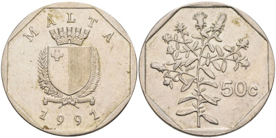 Мальта 50 центов 1991 девясил KM 98 медно-никель 4574-423