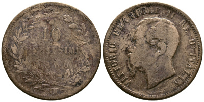 ИТАЛИЯ 10 ЧЕНТЕЗИМО 1866 ОМ, ВИКТОР ЭММАНУИЛ II (1861-1878) KM 11.5 медь 4384-813