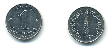 ФРАНЦИЯ 1 САНТИМ 1970 KM 928 хромированная сталь 84-1524