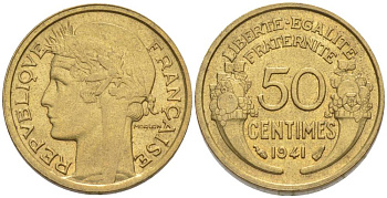 ФРАНЦИЯ 50 САНТИМОВ 1941 ТИП MORLON KM 894.1, LE FRANC 192.18 алюминиевая бронза 44-653