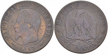 ФРАНЦИЯ 5 САНТИМОВ 1853 A, НАПОЛЕОН III (1852-1870) KM 777.1, LE FRANC 116.1 бронза 3457-932