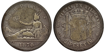 Испания 2 песеты 1870 (73) DE-M KM 654 серебро 4566-643