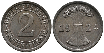 ГЕРМАНИЯ 2 РЕНТЕНПФЕННИГА 1924 A KM 31, J. 307 бронза 24-626