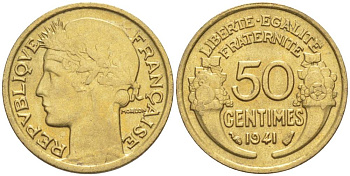 ФРАНЦИЯ 50 САНТИМОВ 1941 ТИП MORLON KM 894.1, LE FRANC 192.18 алюминиевая бронза 44-455