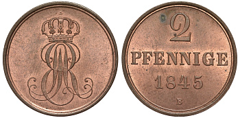 Ганновер 2 пфеннига 1845 B, Эрнст Август (1837-1851) KM 202.1, AKS 124, J. 75 медь UNC 75-1831