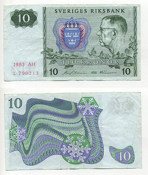 ШВЕЦИЯ 10 КРОН 1983 СЕРИЯ AH Pick 52e бумага 7203-74-2