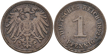 Германия 1 пфенниг 1892 A KM 10, J.10 медь 4594-843
