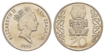 Новая Зеландия 20 центов 1990 Елизавета II (1952-2022), идол Пукаки KM 81 медно-никель UNC 84-122