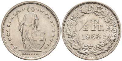 Швейцария 1/2 франка 1968 KM 23a медно-никель 4608-527