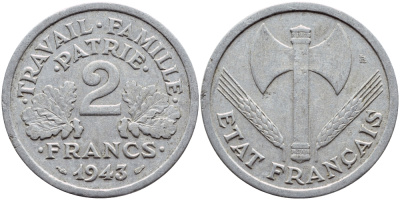 Франция 2 франка 1943 правительство Виши KM 904.1 алюминий 4397-726