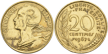 Франция 20 сантимов 1967 тип Марианна KM 930 медь алюминий никель    4153-357
