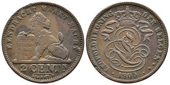 БЕЛЬГИЯ 2 САНТИМА 1905 BELGEN KM 36 медь 4364-4127