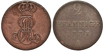 Ганновер 2 пфеннига 1838 A, Эрнст Август (1837-1851) KM 174.1, AKS 122, J. 55 медь 75-636
