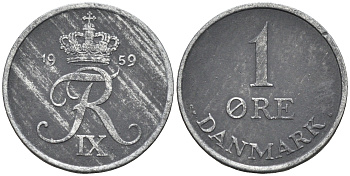 Дания 1 эре 1959 С. S, Фредерик IX (1947-1972) КМ 839.2 цинк    4169-164