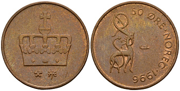 Норвегия 50 эре 1996 Харальд V (1991- ) KM 460 бронза 4154-817