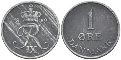 Дания 1 эре 1959 С. S, Фредерик IX (1947-1972) КМ 839.2 цинк    4169-164