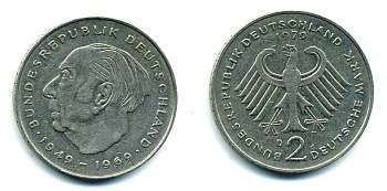 ФРГ 2 МАРКИ 1979 D, ТЕОДОР ХОЙС KM 127, J. 407 медно-никель плакированный никелем плакированный никелем 25-1911