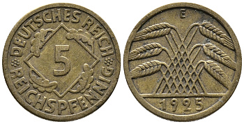 ГЕРМАНИЯ 5 РЕЙХСПФЕННИГОВ 1925 E KM 39, J. 316 алюминиевая бронза 39-555