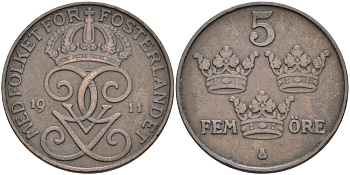 Швеция 5 эре 1911 Густав V (1907-1950) KM 779.2 бронза 4557-541