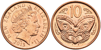 Новая Зеландия 10 центов 2013 маска Маори, Елизавета II (1952-) KM 117а сталь плакированная медью 92-813