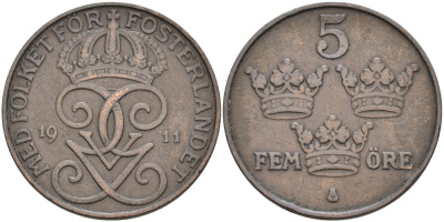 Швеция 5 эре 1911 Густав V (1907-1950) KM 779.2 бронза 4557-541