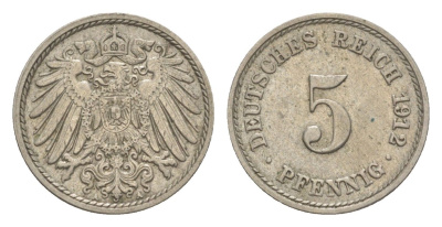 Германия 5 пфеннигов 1912 A, Вильгельм II (1888-1918) KM 11, J.12 медно-никель 4644-1064