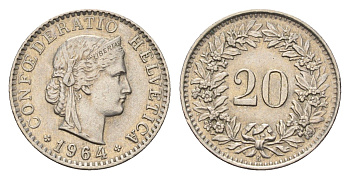 Швейцария 20 раппенов 1964 KM 29a медно-никель 4685-267
