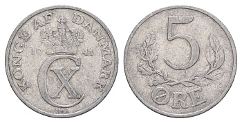 Дания 5 эре 1941 N, Кристиан X (1912-1947) KM 834 алюминий 4657-311