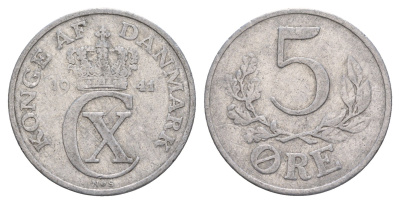 Дания 5 эре 1941 N, Кристиан X (1912-1947) KM 834 алюминий 4657-311