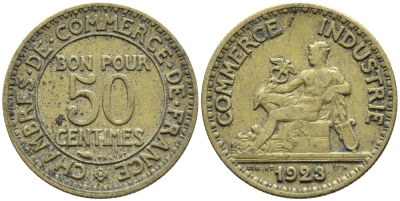 ФРАНЦИЯ 50 САНТИМОВ 1923 CHAMBRES DE COMMERCE KM 834, LE FRANC 191.6 алюминиевая бронза 4392-626