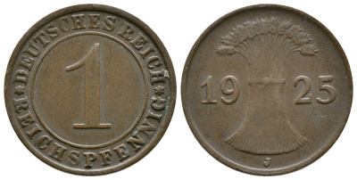 ГЕРМАНИЯ 1 РЕЙХСПФЕННИГ 1925 J KM 37, J. 313 бронза 4380-1139