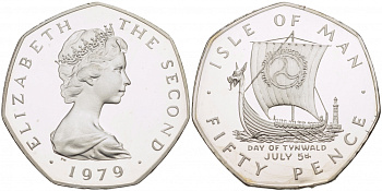 Остров Мэн 50 пенсов 1979 корабль викингов, 5 ИЮЛЯ ДЕНЬ МЭНСКОГО ПАРЛАМЕНТА KM 51a серебро PROOF 00-00