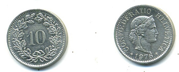 Швейцария 10 раппенов 1976 KM 27 медно-никель 4379-357