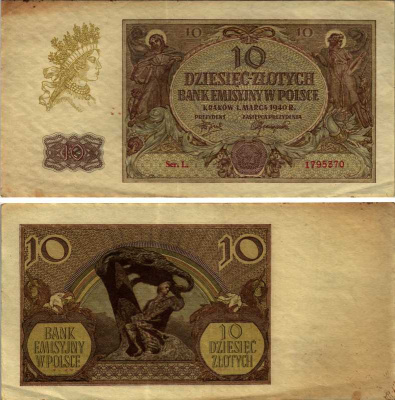 ПОЛЬША 10 ЗЛОТЫХ 1940 1 МАРТА 1940, ЭМИССИОННЫЙ БАНК В ПОЛЬШЕ (НЕМЕЦКАЯ ОККУПАЦИЯ, ВТОРАЯ МИРОВАЯ ВОЙНА) Pick 94 бумага XF 7487-51-1-2