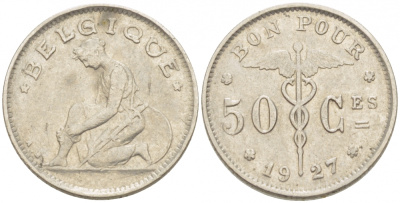 БЕЛЬГИЯ 50 САНТИМОВ 1927 BELGIQUE KM 87 никель 261-1616