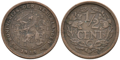 Нидерланды 1/2 цента 1915 Вильгельмина (1890-1948) KM 138 бронза 4576-359