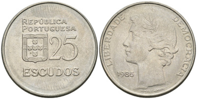 Португалия 25 эскудо 1985 KM 607a медно-никель 4148-533