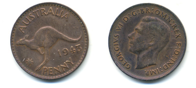 Австралия 1 пенни 1943 p, Георг VI (1936-1952), кенгуру, без буквы I KM 36 бронза 80-121