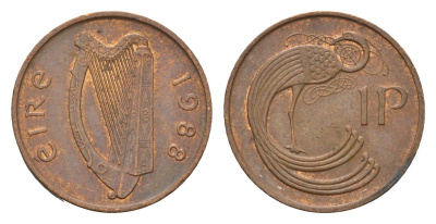 Ирландия 1 пенни 1988 мифологическая птица лира KM 20 бронза 4690-451