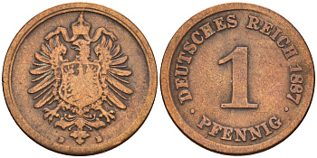 Германия 1 пфенниг 1887 D KM 1, J. 1 медь    4594-1229