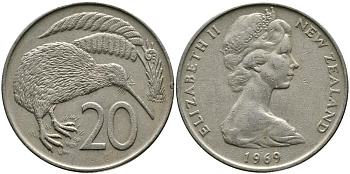 Новая Зеландия 20 центов 1969 Елизавета II (1952-2022), птичка киви KM 36.1 медно-никель 111-346