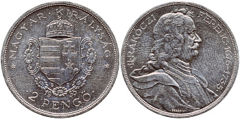 Венгрия 2 пенге 1935 50 лет со дня смерти Ференца II Ракоци KM 514 серебро aUNC 3896-724