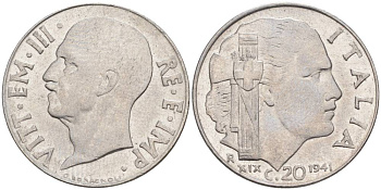 ИТАЛИЯ 20 ЧЕНТЕЗИМО 1941 R, ГОД XIX, ВИКТОР ЭММАНУИЛ III (1900-1946) KM 75b, VEM3. 1028 нержавеющая сталь 3853-925