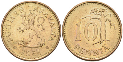 ФИНЛЯНДИЯ 10 ПЕННИ 1968 S KM 46 алюминиевая бронза 192-1032