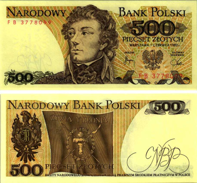 Польша 500 злотых 1982 Тадеуш Костюшко Pick 145 d бумага UNC (пресс) 8607-78-2-2