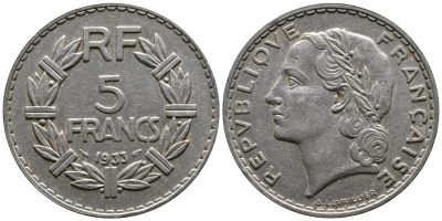 Франция 5 франков 1933 KM 888, Le Franc 336 никель 87-1333
